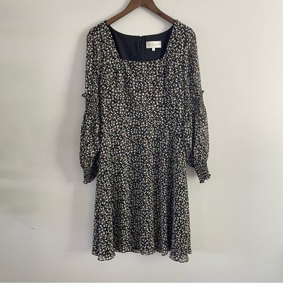 Mikael Aghal | Shirred Floral Print Chiffon Square Neck Mini Dress Long Sleeve 8 - Picture 3 of 12